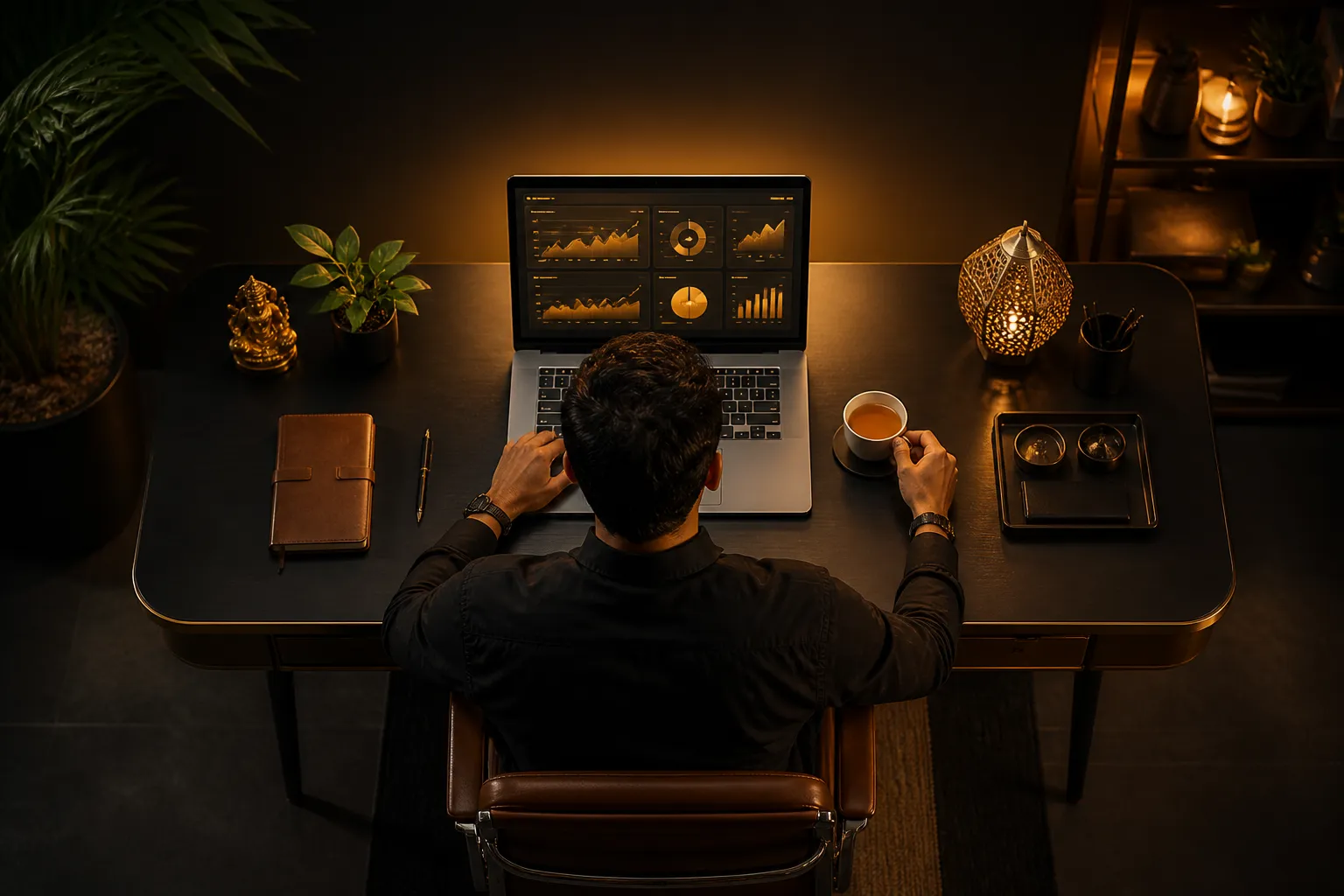 Indian entrepreneur working at a glowing AI dashboard late at night