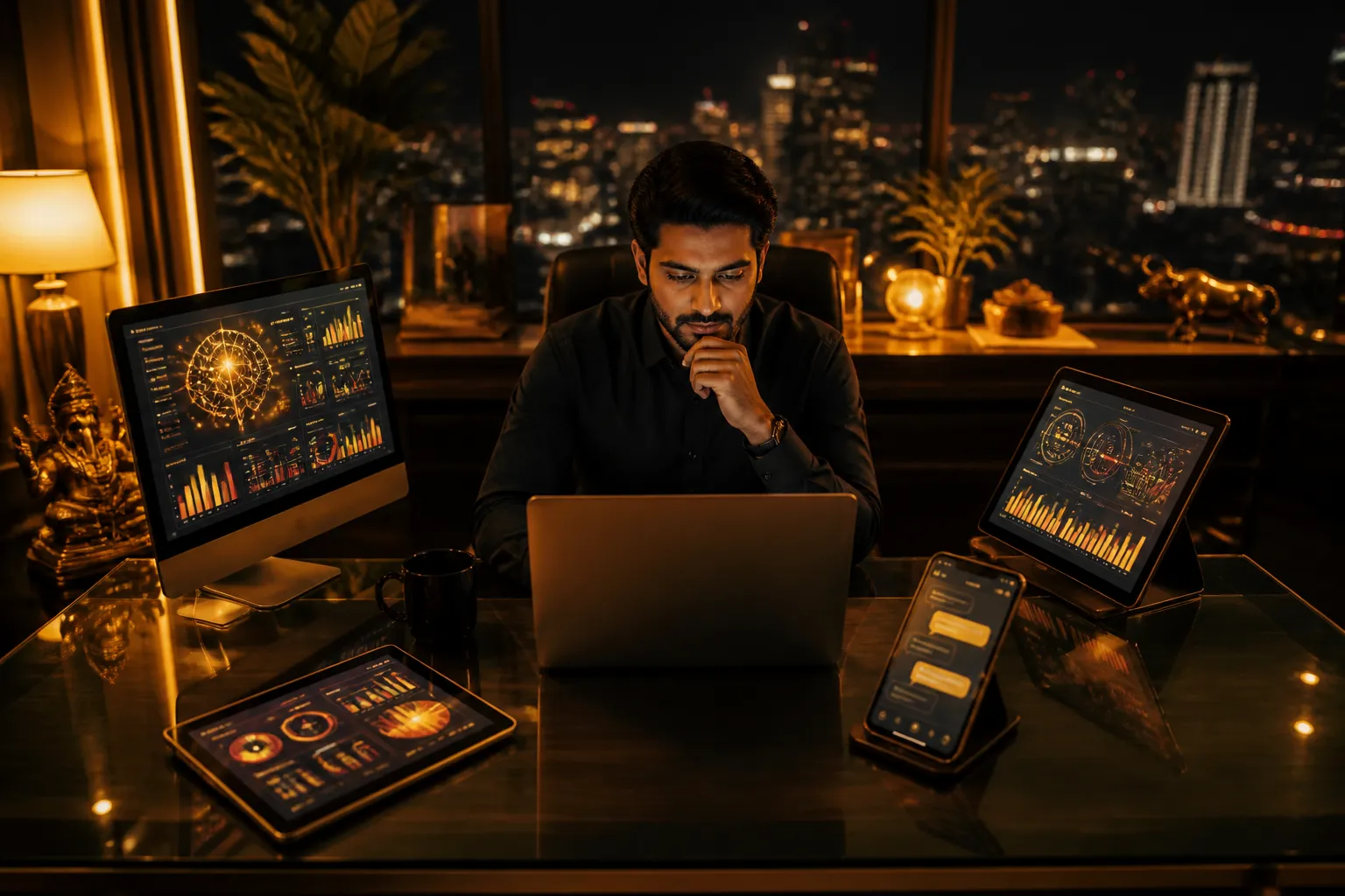 Multiple AI app dashboards glowing on an entrepreneur's desk at night